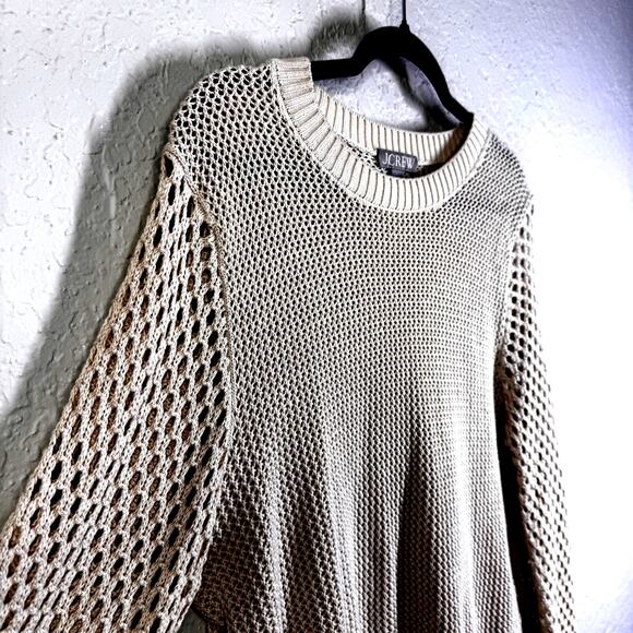 J. CREW Sweater Large Crew Neck Solid & Open Knit Textures Natural Fiber Cream - Picture 6 of 11